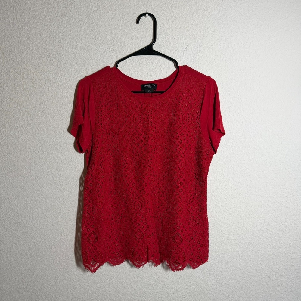 Liz Claiborne Career Lace Blouse Top Womens Petite Large Red Rayon Scalloped Hem